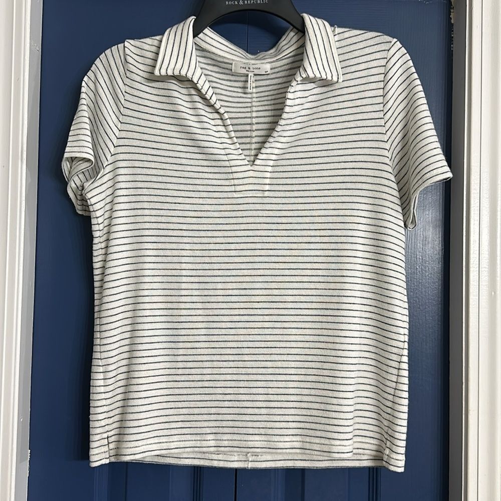 Rag & Bone knit polo shirt (white with black stripes). Size small. EUC - Picture 2 of 6